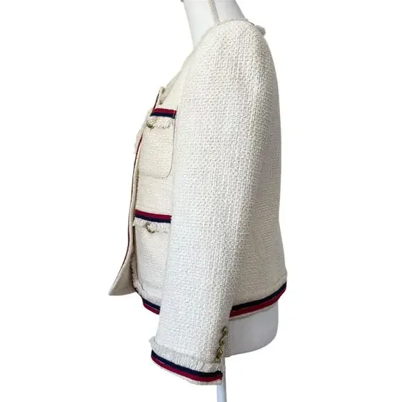 J.Crew Lady Jacket Blazer Tweed Cropped Fringe Fringy White Red Navy Blue Size 6 - Picture 10 of 13